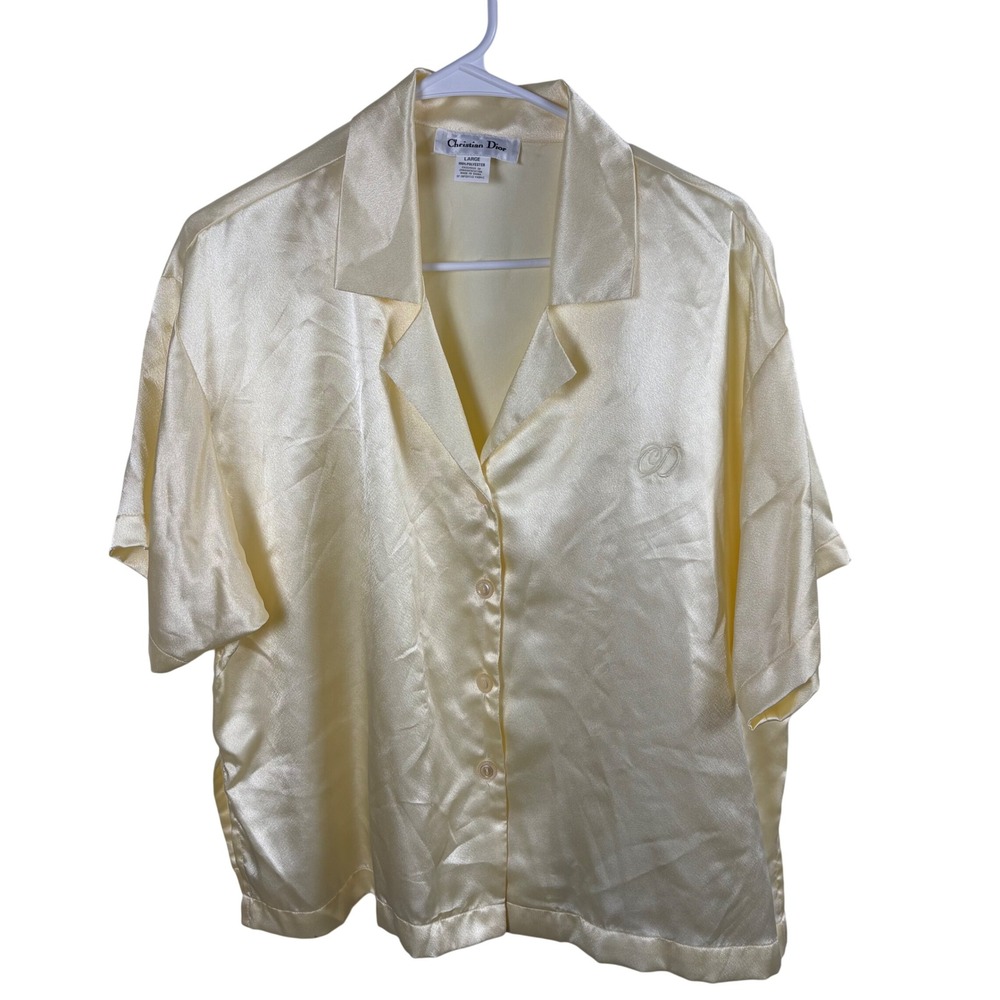 Vtg Christian Dior Pajama Top Women's L Yellow Satin Embroidered Logo Loungewear